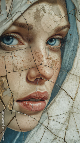 Fragile paintings with cracks and partially flaking paint. the face spread out on background, like real, vibrant colorism, brilliant colors Generative AI © Jonatas