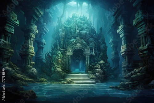 Hidden Underwater Temple: A mysterious temple covered in marine life. photo