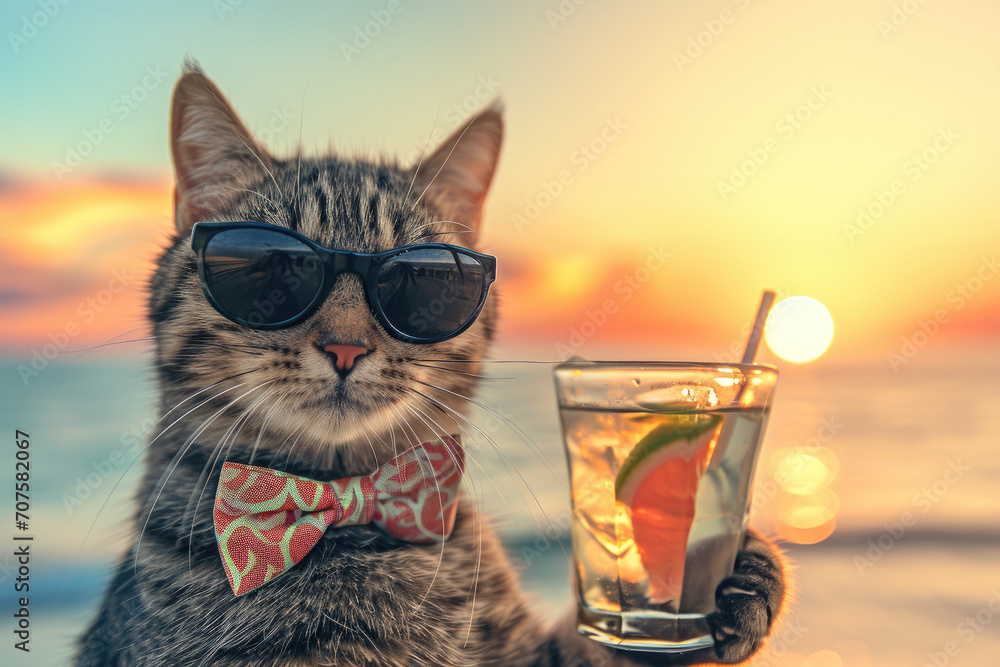 happy cat with sunglass and bow tie hold coctail on sunset party beach - obrazy, fototapety, plakaty 