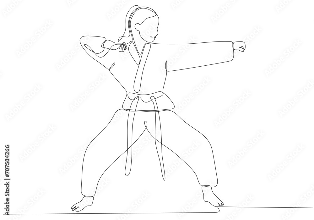 Fototapeta premium Single line drawing of sporty young karateka woman in fighting uniform with belt exercising martial arts in gym vector illustration. Healthy sports lifestyle concept. Modern continuous line drawing