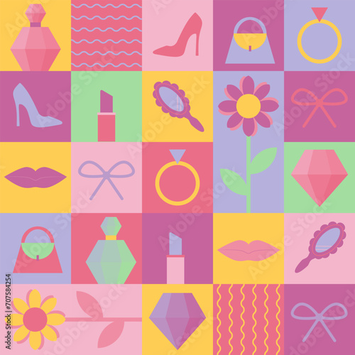 Women's Day. Mom's day. Abstract geometric pattern for poster, label, banner, invitation. Perfume, ring, bag, lips, flower, diamond, bow.