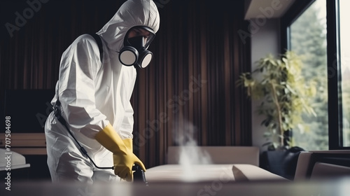 Man in protective suit and face mask spraying for disinfection photo