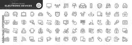 Set of line icons in linear style. Set - Electronic devices, mobile device, gadgets. Computer, laptop, phone, tablet, watch, speaker and technology. Outline icon collection.Pictogram and infographic.  photo