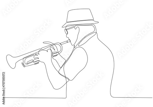 Photography Continuous line man blowing jazz saxophone instrument Simple style hand drawn mu