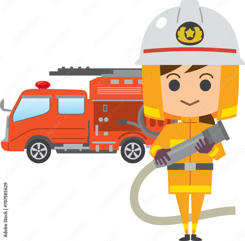 女性消防士と消防車のイメージイラスト
