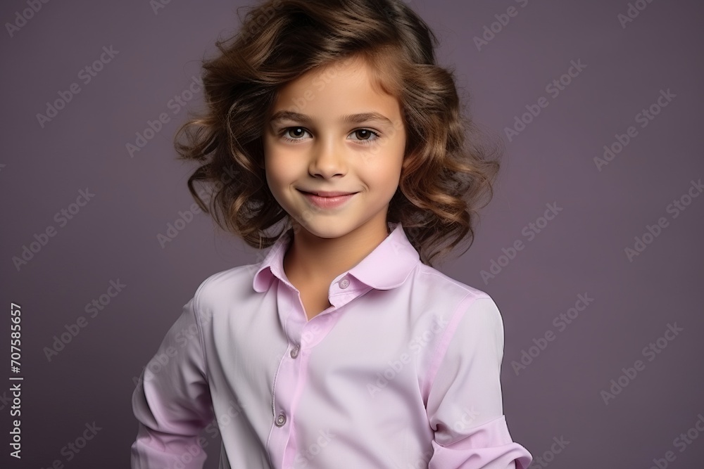A portrait of a beautiful little girl with curly hair over purple background. A portrait of a beautiful little girl with curly hair over purple background.