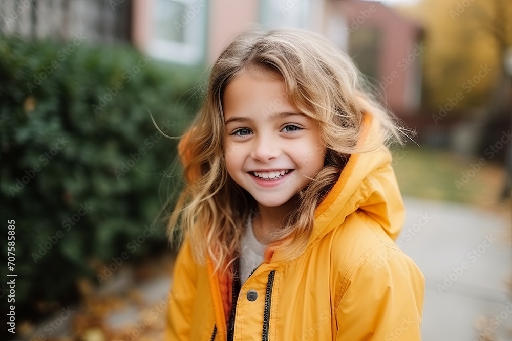Portrait of a smiling little girl in a yellow raincoat. Portrait of a smiling little girl in a yellow raincoat.