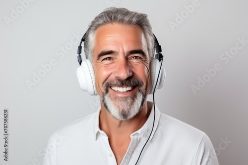 Portrait of a smiling senior man listening to music with headphones.