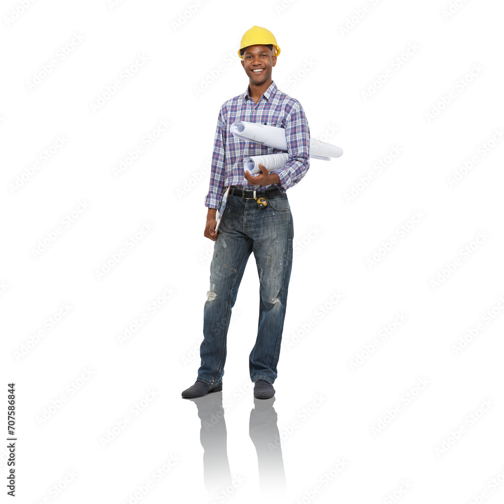 Engineering, architecture and portrait of black man with blueprint on a png, isolated and transparent background. Construction worker, paperwork and worker for building, inspection and maintenance Engineering, architecture and portrait of black man with blueprint on a png, isolated and transparent background. Construction worker, paperwork and worker for building, inspection and maintenance