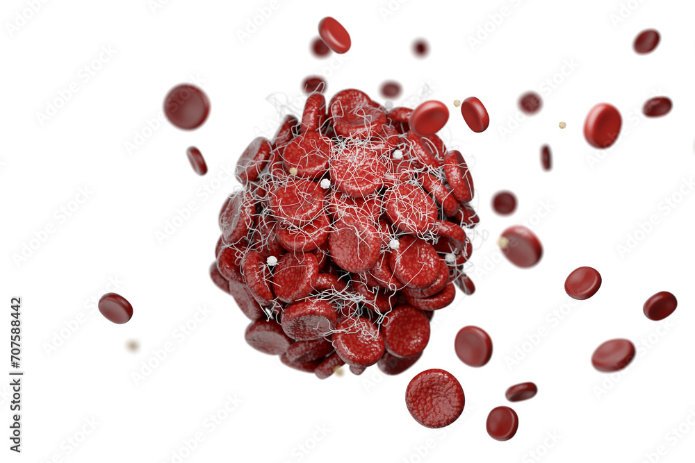 Blood clot floating with red blood cells transparency background. 3D rendering. - obrazy, fototapety, plakaty 