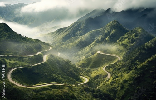 A Mountain Asphalt Road On A Misty Morning. Generative AI