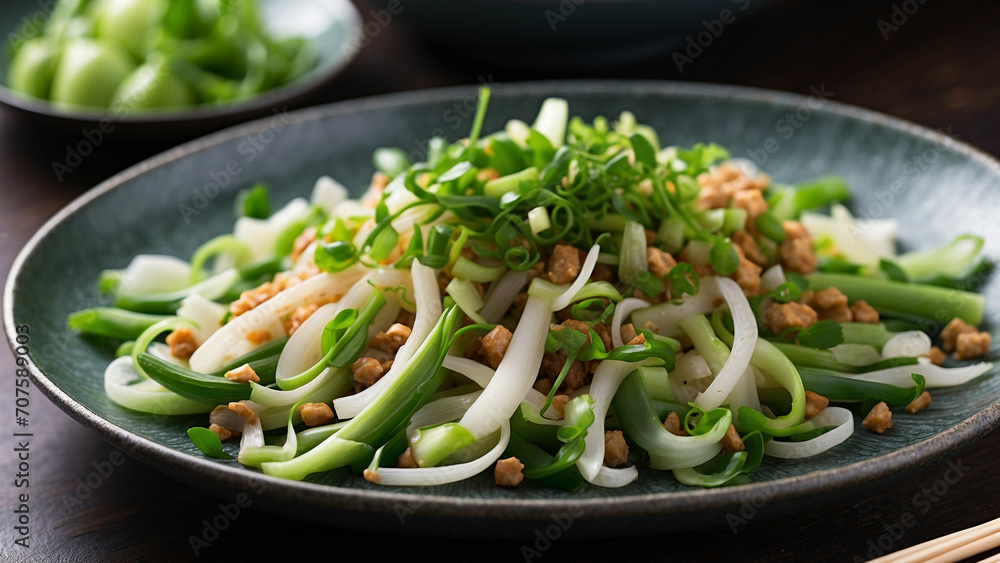 Asian inspired dish featuring chopped spring onions incorporate flavors from different Asian cuisines and surprise the judges with a fusion masterpiece Asian inspired dish featuring chopped spring onions incorporate flavors from different Asian cuisines and surprise the judges with a fusion masterpiece