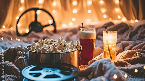 Image of a cozy movie night setup with a movie reel, a tub of popcorn, and a couple of fizzy drinks on a soft blanket photo