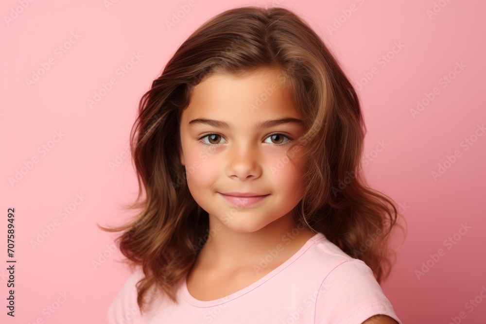 Portrait of a cute little girl with long hair on a pink background Portrait of a cute little girl with long hair on a pink background