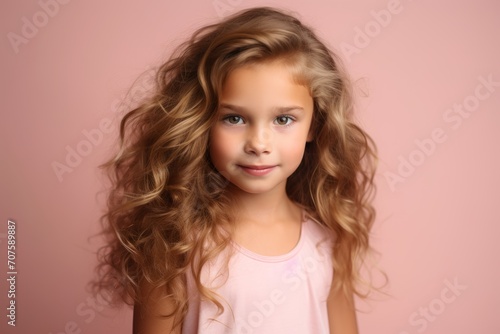 Portrait of a beautiful little girl with long curly hair on a pink background.