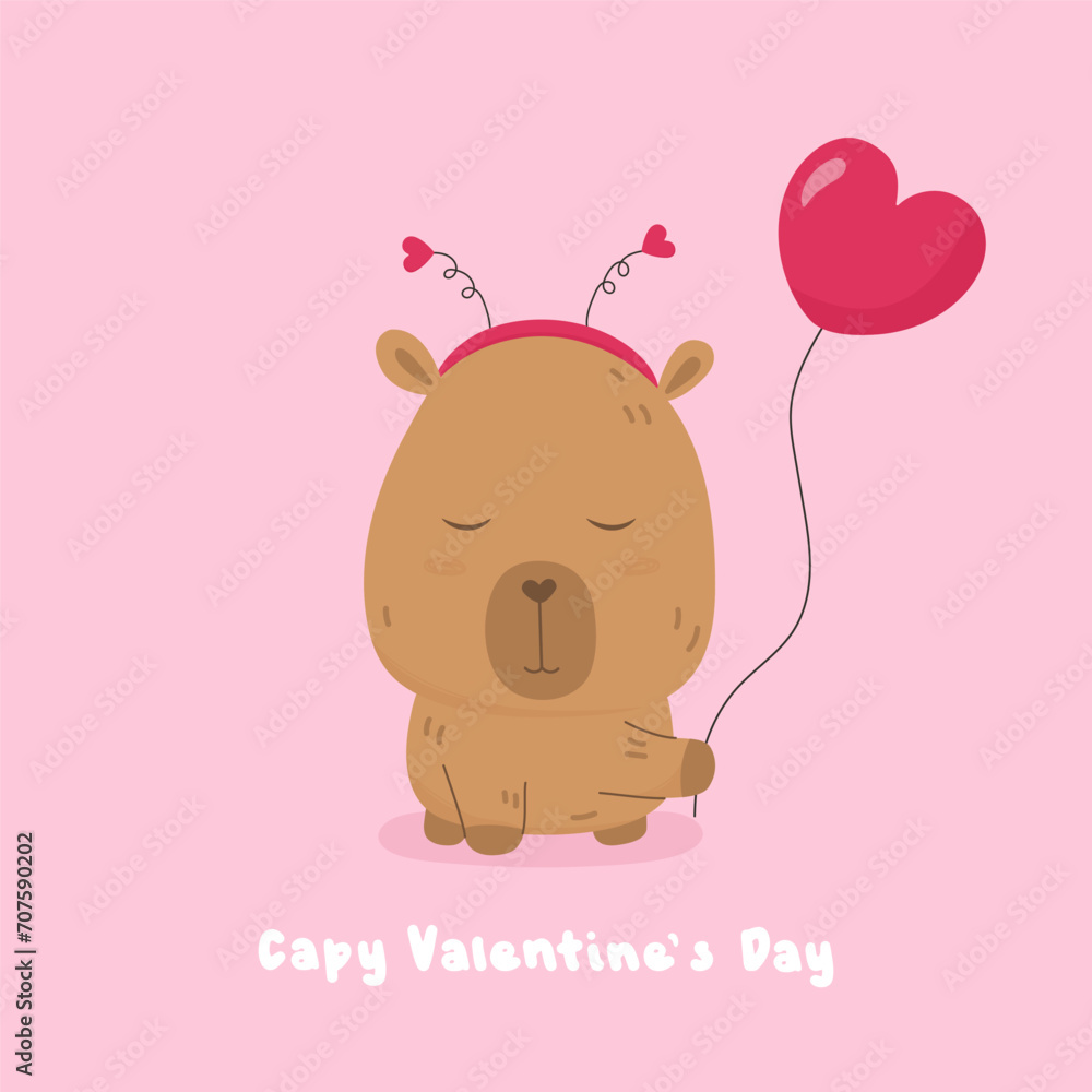 Cute capybara with pink heart shape helium balloon