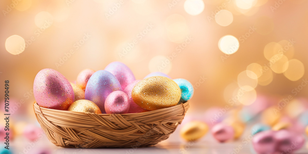 Rainbow and gold Easter eggs on table setting isolate on pink background. Rainbow and gold Easter eggs on table setting isolate on pink background.