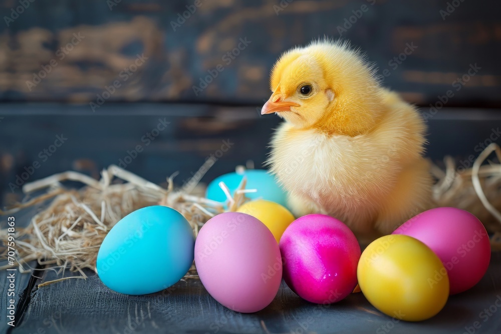 Spring chickens are hatching eggs in the nest,outside world is in a beautiful spring. Happy Easter