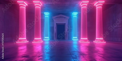 Ancient Greek style pillar three podiums and door on blue pink violet neon,ultraviolet light, night club empty room interior, tunnel or corridor, glowing panels photo