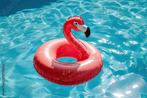 flamingo shaped inflatable ring placing on pool water