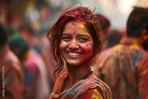 Young Indian woman smiling, covered in Holi festival colors © artem