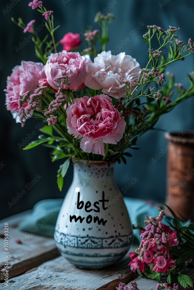 Vase inscribed 'best mom' filled with blooming pink flowers Vase inscribed 'best mom' filled with blooming pink flowers