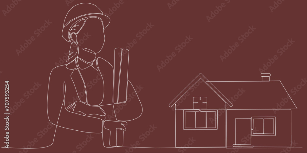 Single continuous line drawing of attractive female architecture holding roll paper blueprint building sketch design. Home maintenance service concept one line drawing design illustration Single continuous line drawing of attractive female architecture holding roll paper blueprint building sketch design. Home maintenance service concept one line drawing design illustration