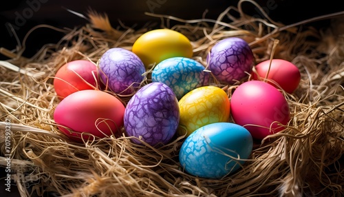 colorful bright easter eggs in a nest