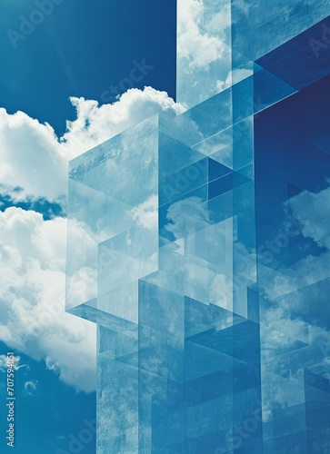 An artistic rendition of ice-like geometric shapes set against a deep blue sky with clouds