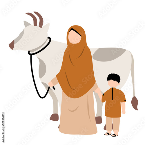 Mother and his son illustration with qurban animal eid al adha 