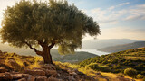 A small olive tree on a Mediterranean hillside, glow on the future of eco-friendly oil production