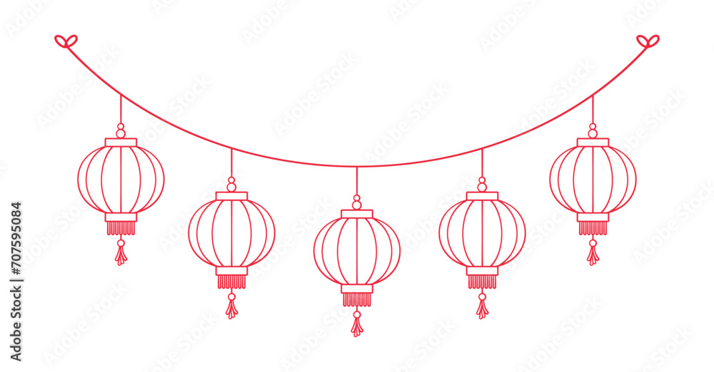 Chinese Lantern Hanging Garland Outline Doodle, Lunar New Year and Mid-Autumn Festival Decoration Graphic