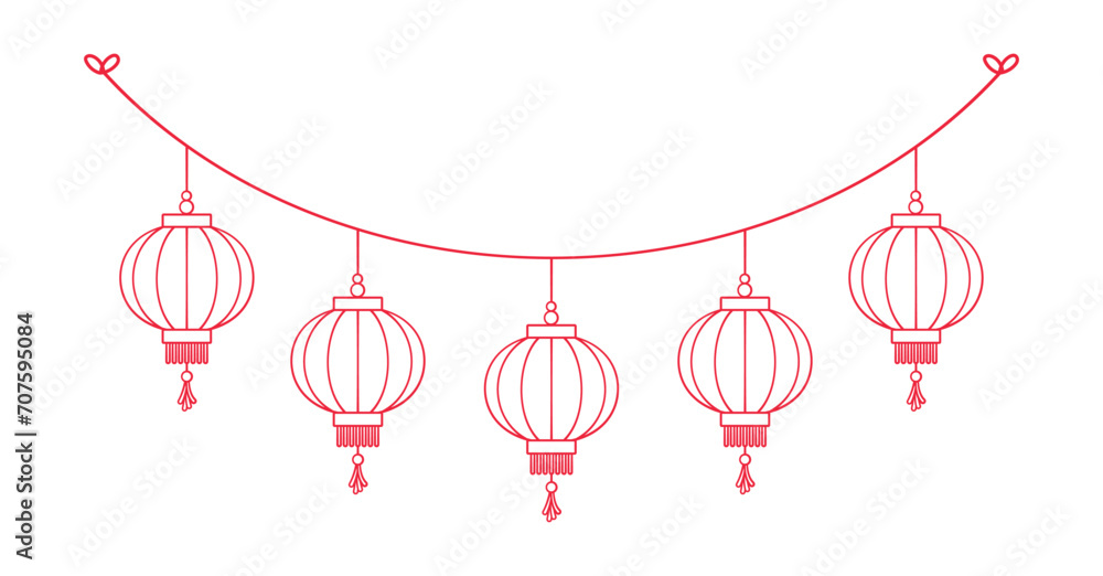 Chinese Lantern Hanging Garland Outline Doodle, Lunar New Year and Mid-Autumn Festival Decoration Graphic Chinese Lantern Hanging Garland Outline Doodle, Lunar New Year and Mid-Autumn Festival Decoration Graphic
