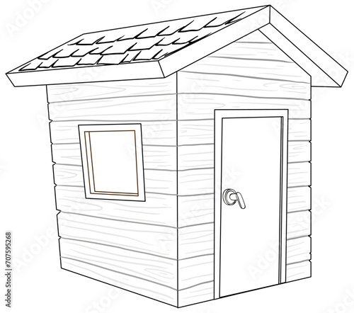 Black and white drawing of a simple shed.