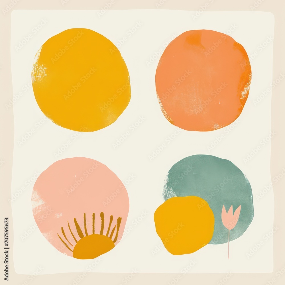A compilation of Bohemian-inspired doodles art with design elements in orange, yellow, blue, and pastel tones.
