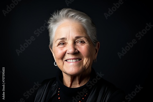 Portrait of a smiling senior woman. Isolated on black background. © Inigo
