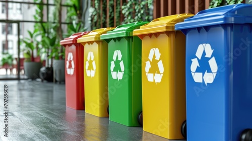 Different color recycling bins in office for collection of recycle materials. Environment office concept.