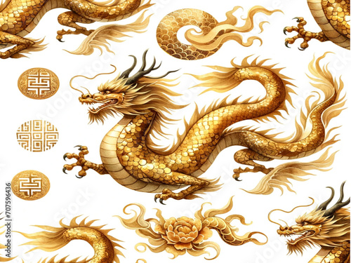 watercolor illustrations of a mythical gold dragon in a seamless pattern  symbolizing health  wealth  and happiness.