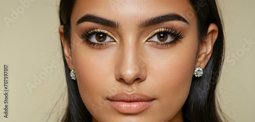  a close up of a woman s face with long black hair and gold eyeshadow and diamond earrings.