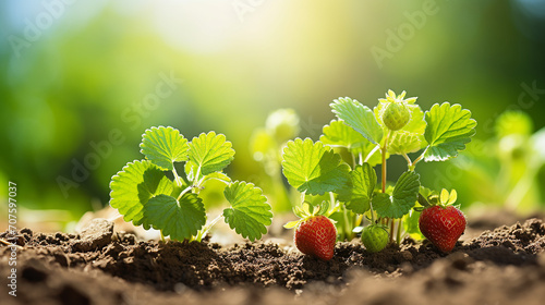 Young strawberry plants flowering under bright midday sun potential fruit promise natural sweetness photo
