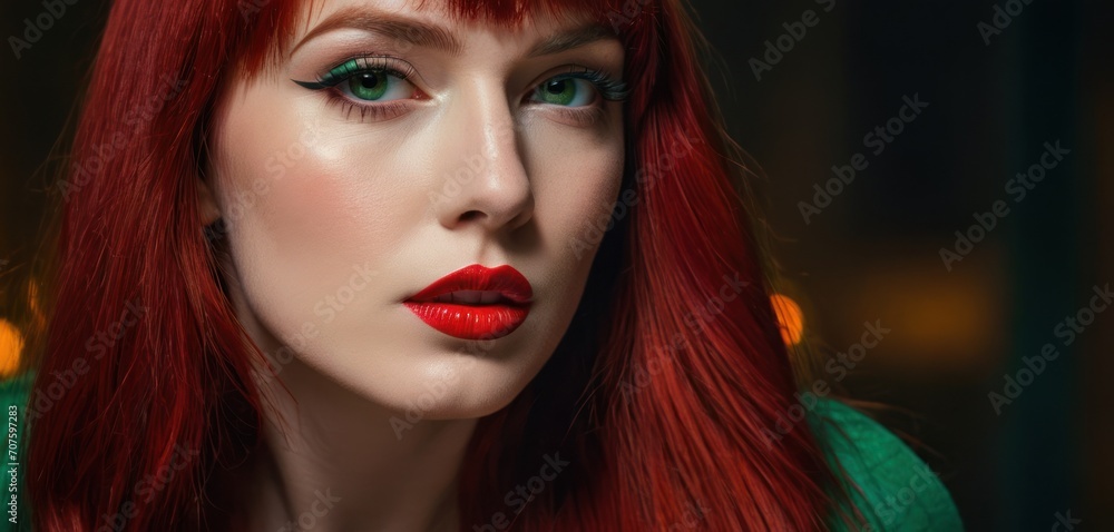 a close up of a woman with red hair and green eyes wearing a green shirt and red lipstick and green eyeshadow. a close up of a woman with red hair and green eyes wearing a green shirt and red lipstick and green eyeshadow.