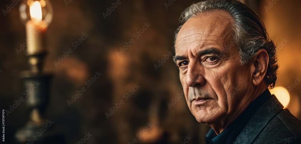 a close up of a person wearing a suit and tie with a candle on a table in front of them. a close up of a person wearing a suit and tie with a candle on a table in front of them.