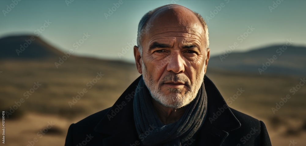 a close up of a person wearing a coat and a scarf with a mountain in the distance in the background. a close up of a person wearing a coat and a scarf with a mountain in the distance in the background.