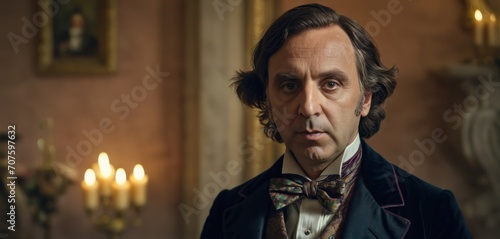  a close up of a person wearing a suit and bow tie in a room with candles and a painting on the wall.