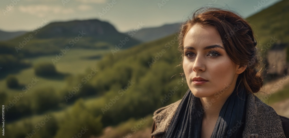a woman with a scarf around her neck looking into the distance with a mountain range in the distance in the background. a woman with a scarf around her neck looking into the distance with a mountain range in the distance in the background.