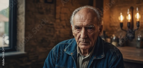  an older man sitting in front of a window in a room with a stone wall and a wooden table in front of him.