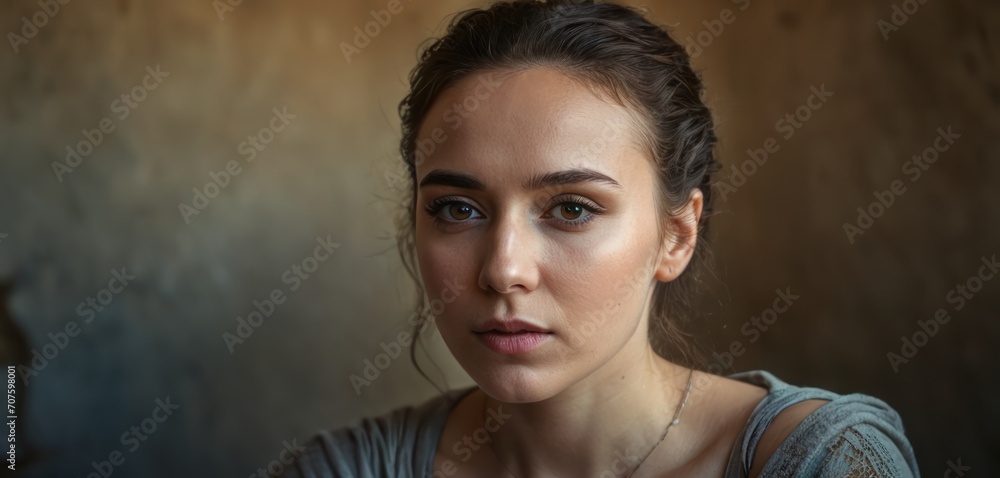 a close up of a person wearing a necklace and looking at the camera with a serious look on her face. a close up of a person wearing a necklace and looking at the camera with a serious look on her face.