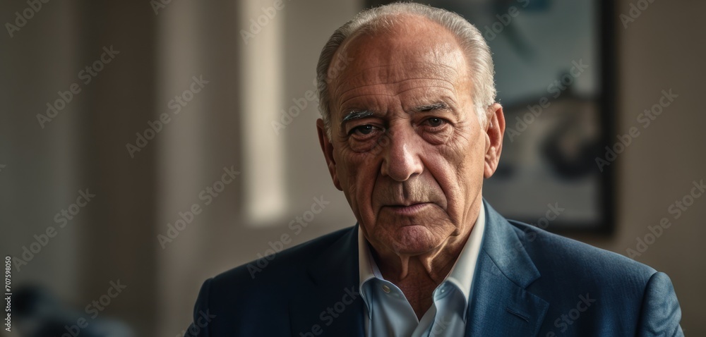 a close up of a person in a suit and a picture on the wall in the background of a room. a close up of a person in a suit and a picture on the wall in the background of a room.