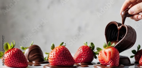  a chocolate heart being dipped with strawberries on a white table with a row of chocolate strawberries in the foreground.