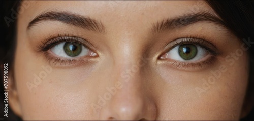  a close - up of a woman's face with brown hair and green eyes, with a toothbrush in her mouth.